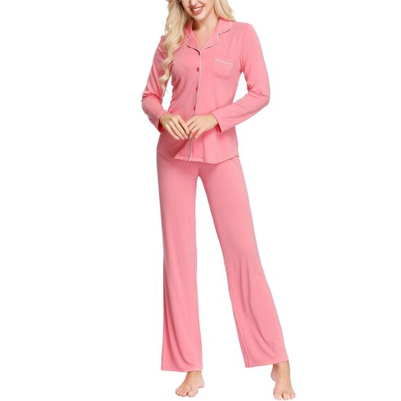 INK+IVY Rayon Long Sleeve Button Top & Trouser Pajama Set Pink Size M - Picture 1 of 4